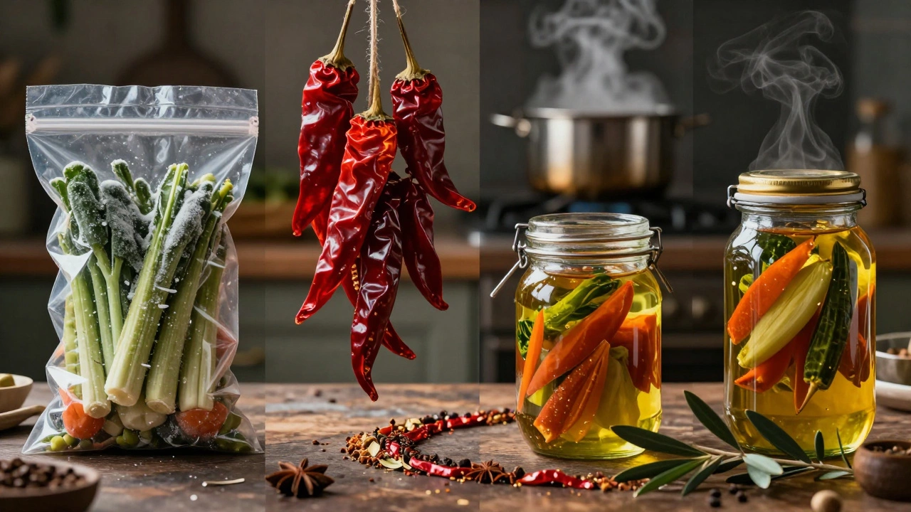 Четыре метода консервации овощей: заморозка, сушка, масло и стерилизация в одном изображении.