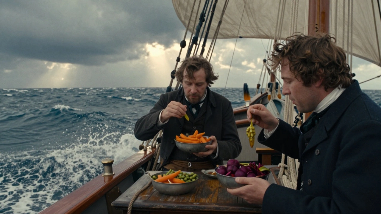 Экипаж корабля La Coquille ест консервированные овощи в морском путешествии XIX века.