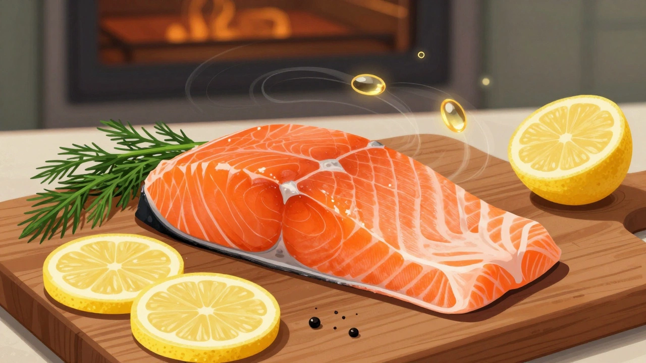 Филе лосося на дощечке с лимоном и укропом, с мягким светом, подчеркивающим его текстуру.