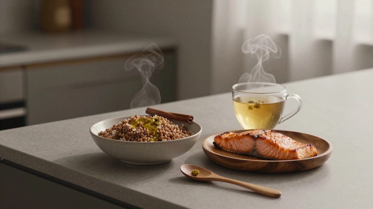 Гречка с лососем и ромашковый чай на кухонной стойке вечером