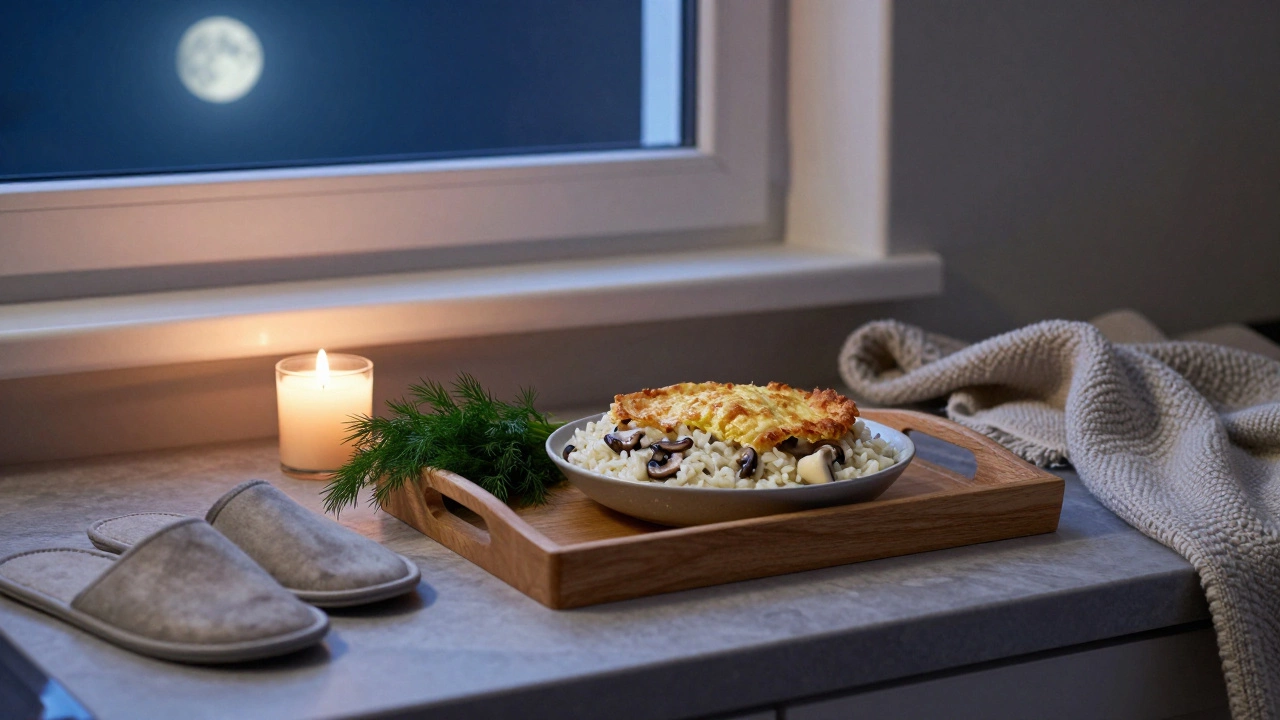 Грибное рагу с рисом и укропом на деревянном подносе при лунном свете.