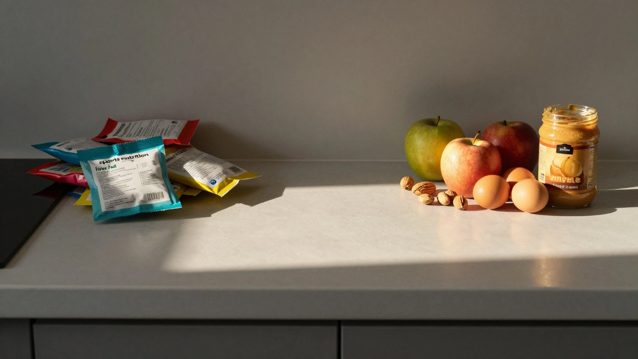 Кухонная стойка с противопоставлением упакованных продуктов и цельных натуральных продуктов