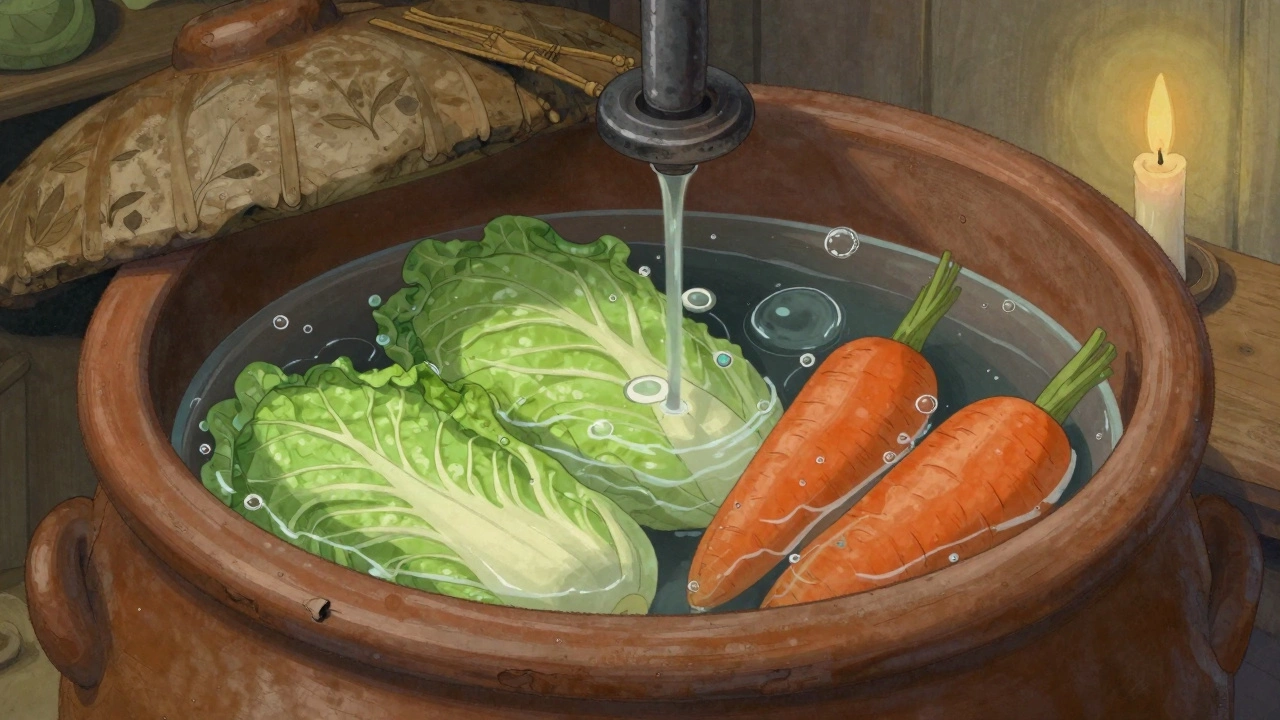 Квашение капусты в глиняном кувшине под камнем с пузырьками в рассоле.