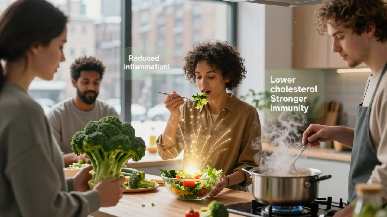 Люди в городе едят брокколи, вокруг них световые эффекты, символизирующие улучшение здоровья.