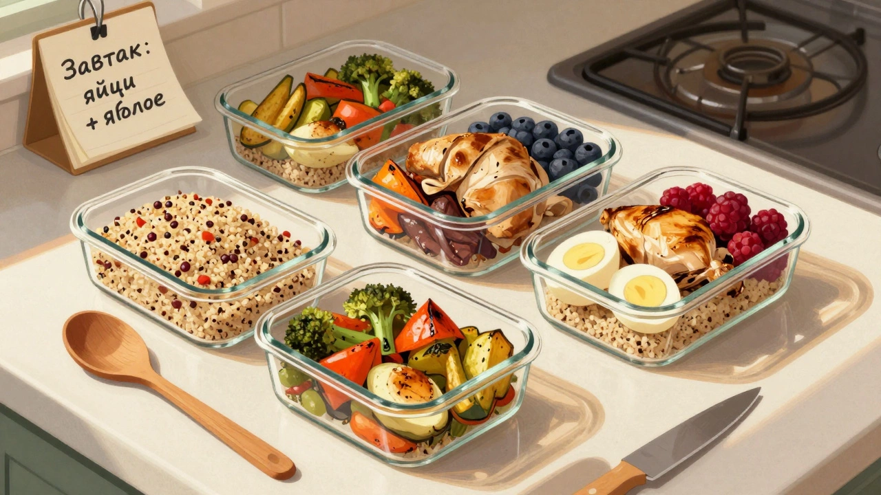 На кухне подготовлены контейнеры с готовыми полезными продуктами на неделю.