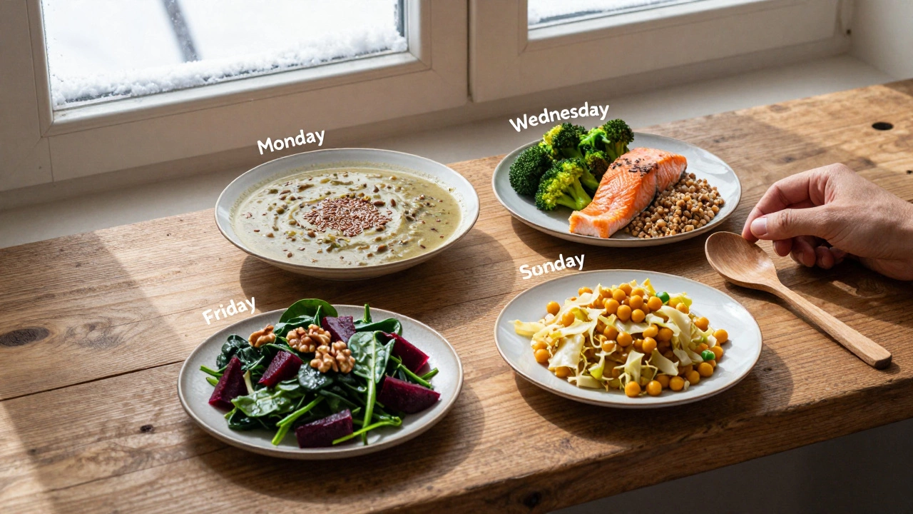 Недельный план питания на деревянной доске: четыре блюда из статьи, приготовленные просто и натурально.