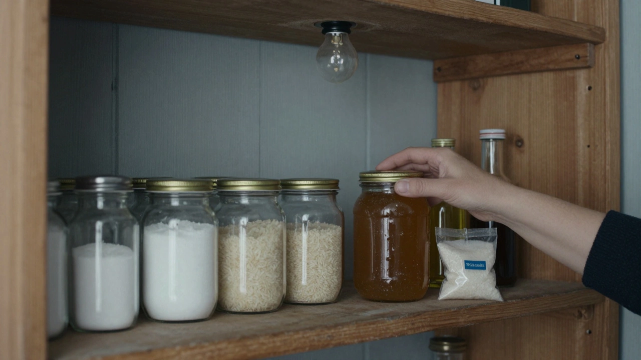 Пансион в русской деревне с банками соли, сахара и крупы на полках.