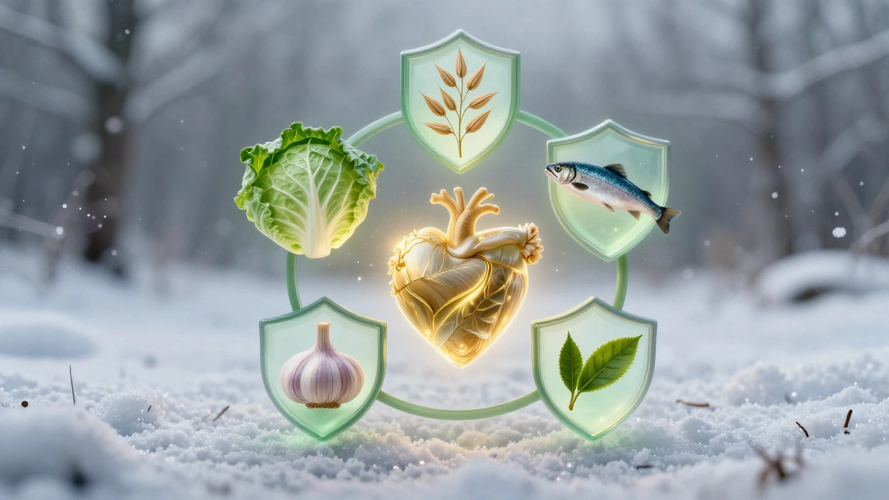 Пять продуктов — капуста, овсянка, лосось, чеснок, зеленый чай — образуют щит вокруг сердца, символизируя защиту от воспалений.