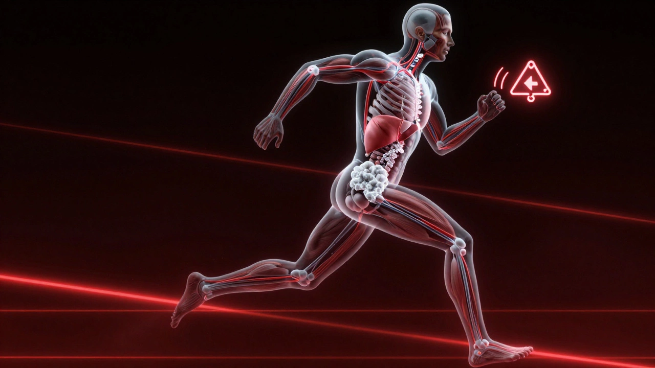 Прозрачное изображение бегуна с внутренними потоками сахара и трансжиров, нарушающими восстановление мышц