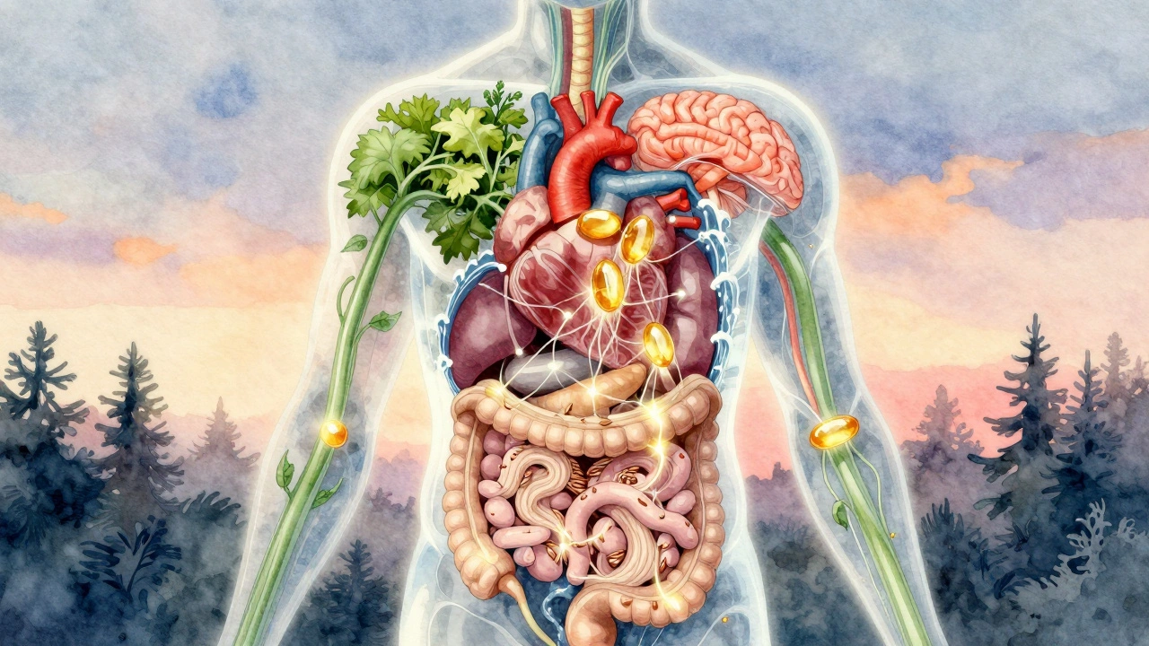 Прозрачное тело, питаемое потоками питательных веществ из овощей, рыбы и бобовых, в стиле акварели.