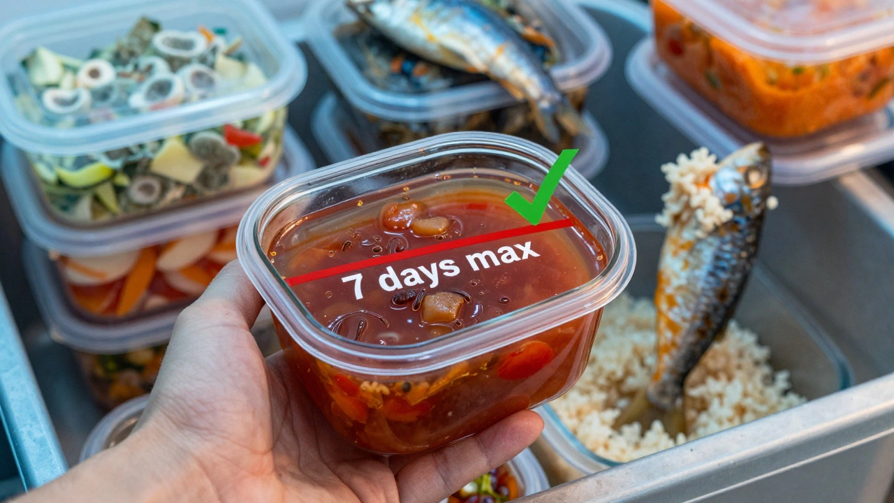 Прозрачный контейнер с борщом с меткой '7 дней', рядом — испорченные продукты, выбрасываемые в мусорное ведро.