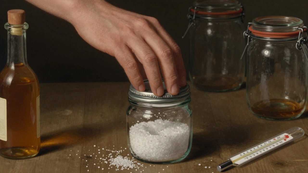 Рука проверяет герметичность крышки банки, виден легкий изгиб, рядом — соль и термометр.