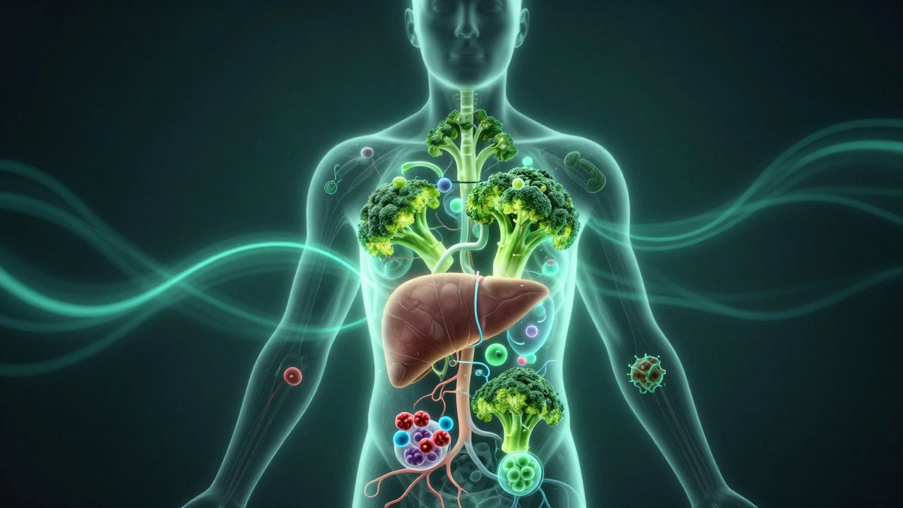Силуэт человека, внутри которого брокколи превращается в молекулы, защищающие организм от рака и воспаления.