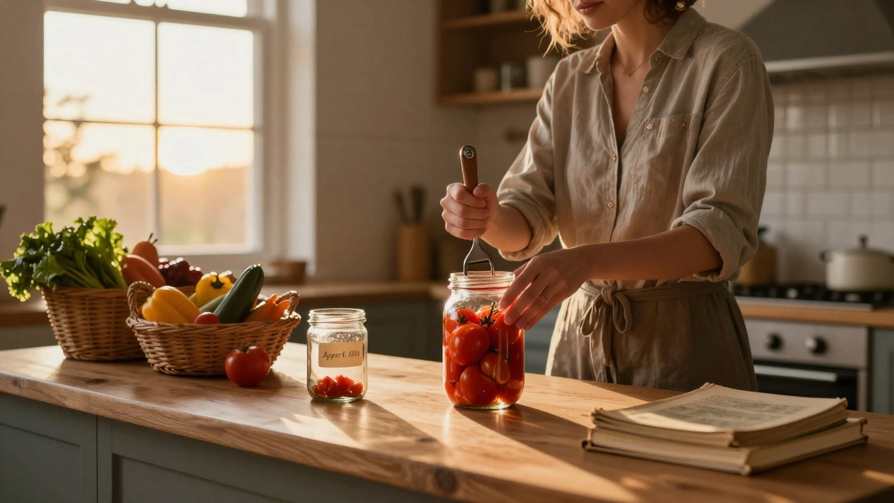 Современная женщина консервирует помидоры в домашней кухне, рядом — книги и сезонные овощи.