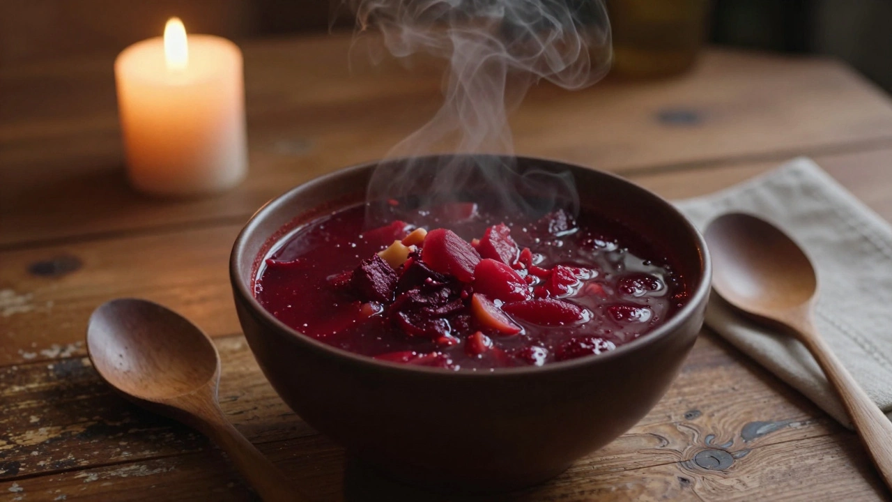 Тарелка борща с паром, ложка рядом — блюдо готово к употреблению.