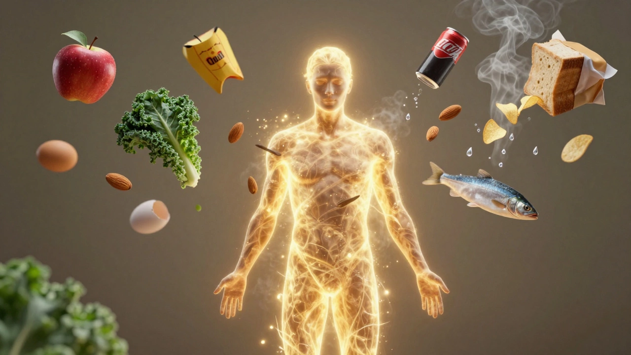 Тело светится энергией, вокруг него — натуральные продукты, а упакованные продукты тают.