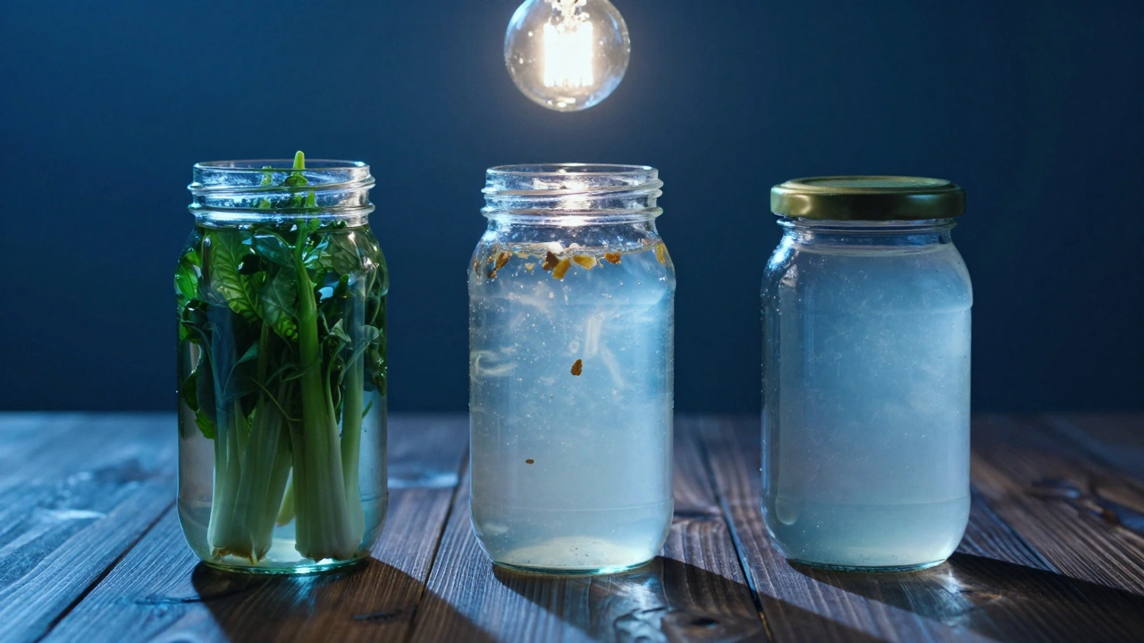 Три банки рядом: одна чистая, одна мутная, одна с вздувшейся крышкой — символ безопасности и опасности.