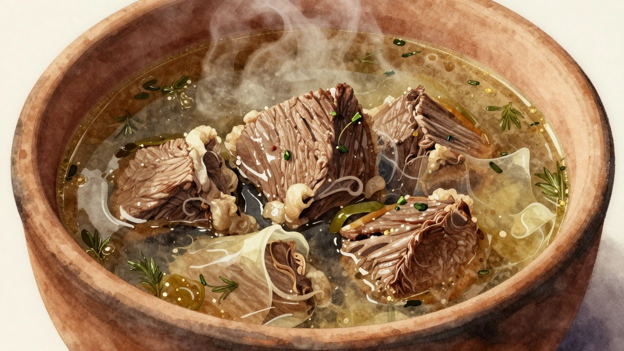 Тушеное мясо в глиняном горшке с ароматными овощами и бульоном.