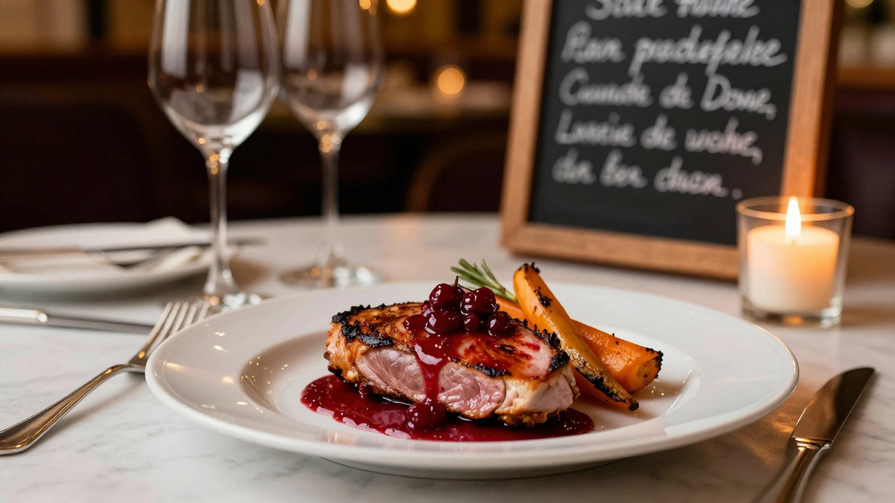 Утка с вишневым соусом на тарелке в французском бистро при свете свечи.