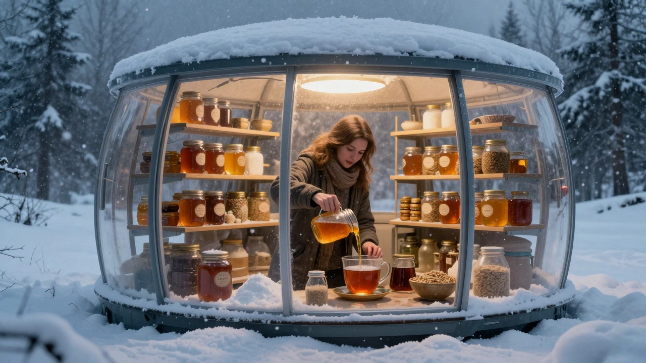 Женщина наливает мед из старой банки в чай в снежном убежище.