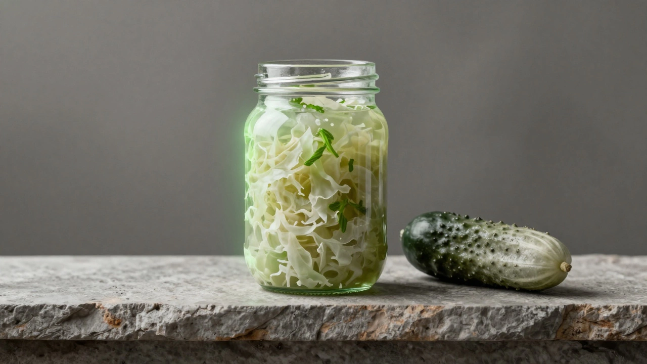 Банка квашеной капусты с зеленым сиянием, рядом — бесцветный соленый огурец, символизирующий разницу между ферментацией и простым солением.