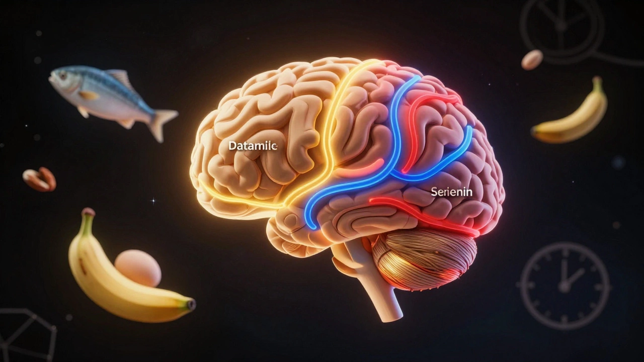 Человеческий мозг с цветными нейронными путями, соединёнными с продуктами питания: рыбой, яйцами и орехами в космическом стиле.