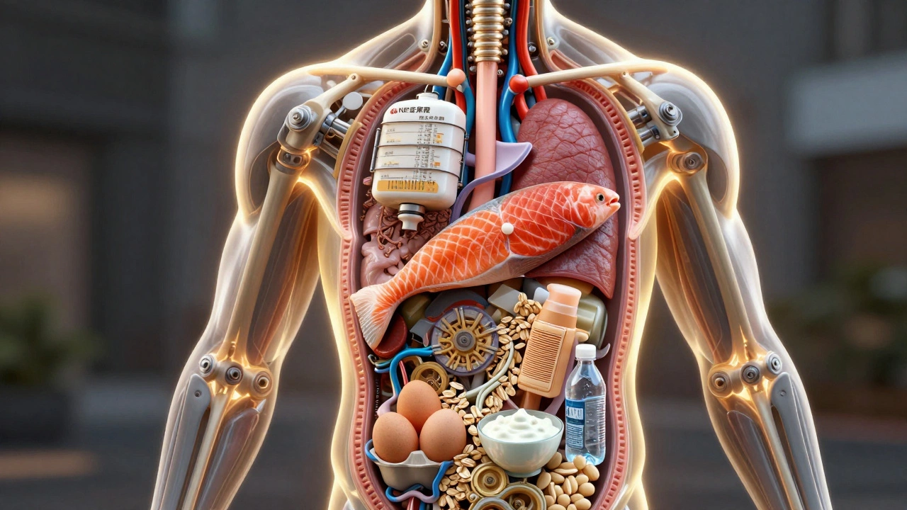 Человеческое тело как механизм, где органы заменены продуктами питания: овсянка, лосось, кефир, яйца и вода.