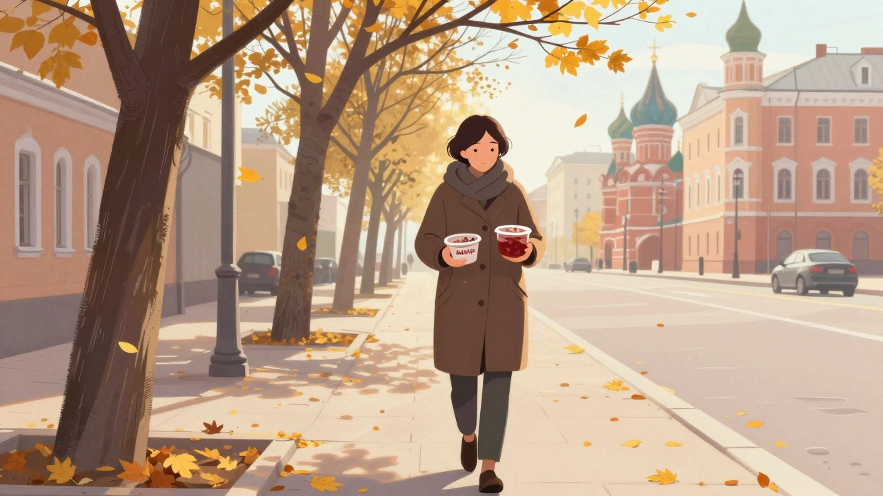 Человек гуляет после обеда в городе, держа в руках контейнер с традиционным обедом.