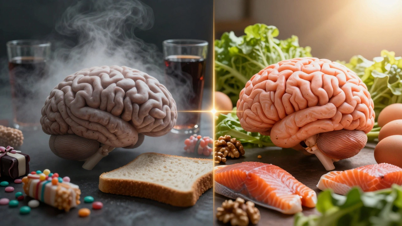 Два состояния мозга: туманный и угнетённый слева, ясный и активный справа, разделённые питанием.