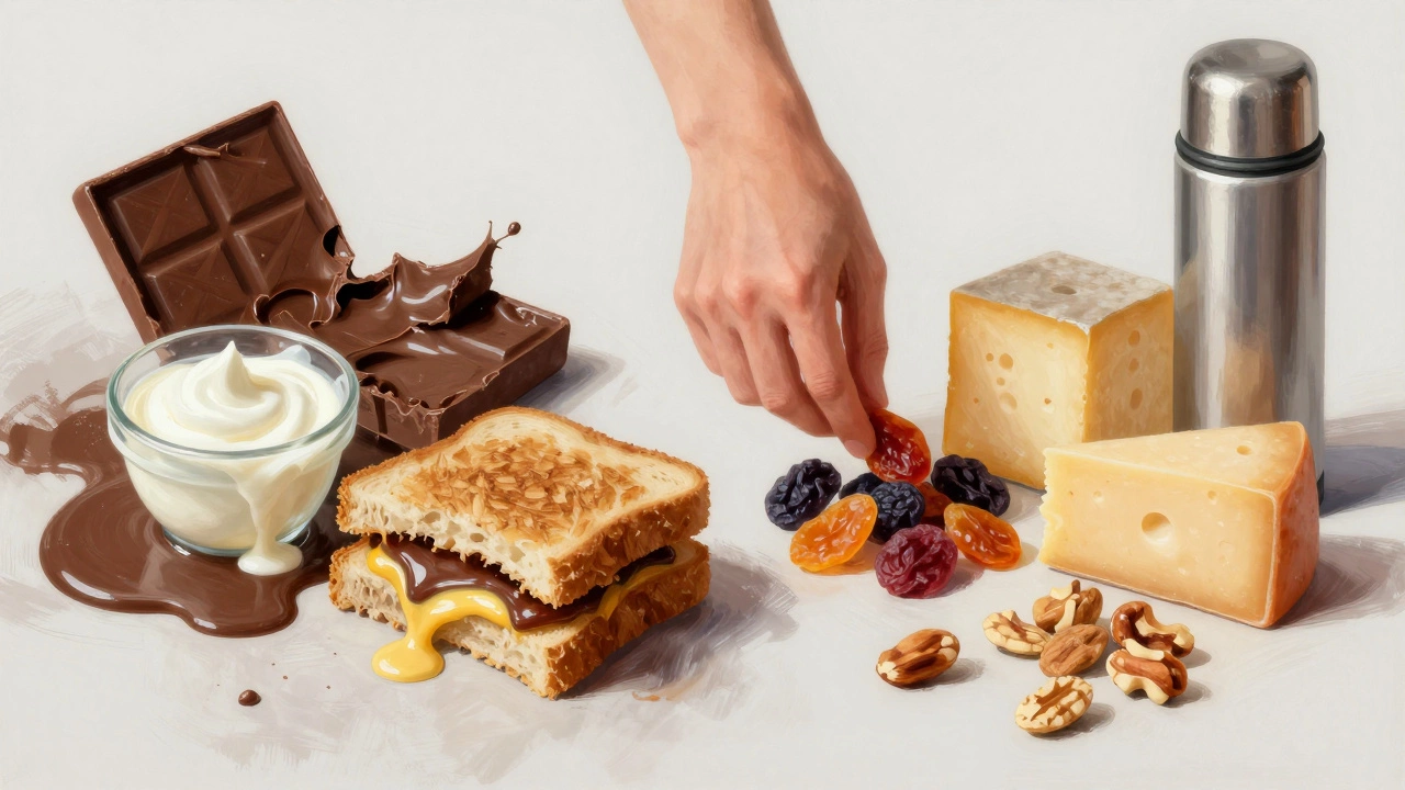 Двустороннее изображение: испорченная еда слева и безопасные закуски справа — выбор для перелета.