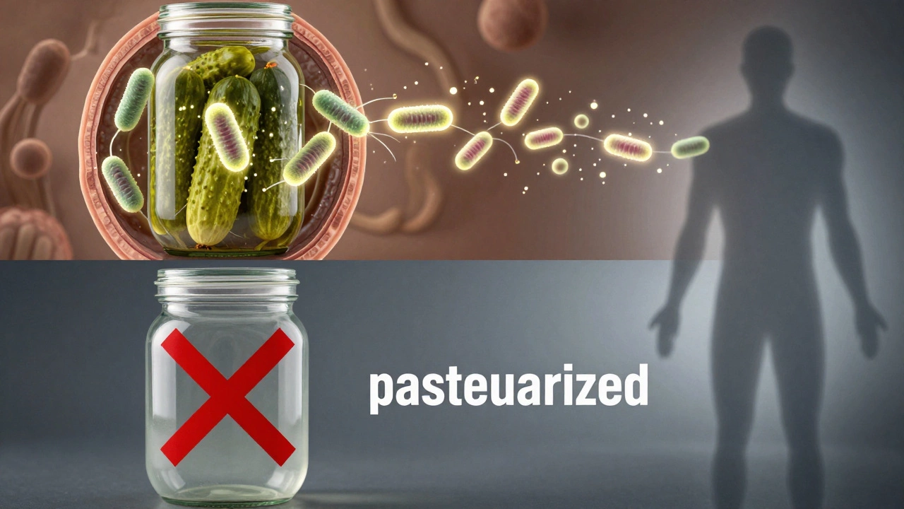 Концептуальное изображение: живые бактерии в кишечнике связаны с квашеными огурцами, а маринованные — с красным крестом.