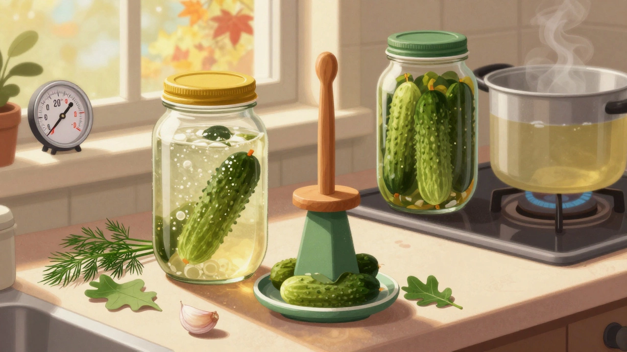 Кухонная стойка с банкой квашеных огурцов под гнётом и листьями хрена, рядом — кипящий рассол для маринада.