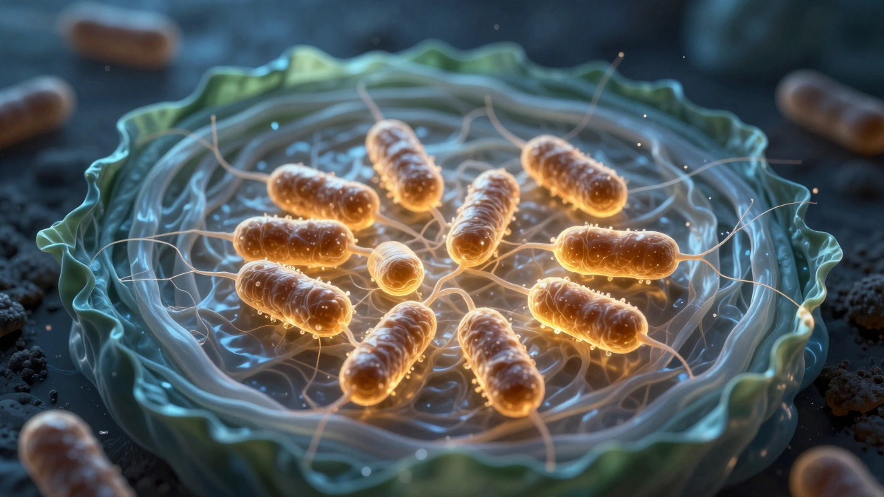 Микроскопический вид молочнокислых бактерий, поглощающих сахар в клетках капусты, светящиеся микроорганизмы в прозрачном рассоле.