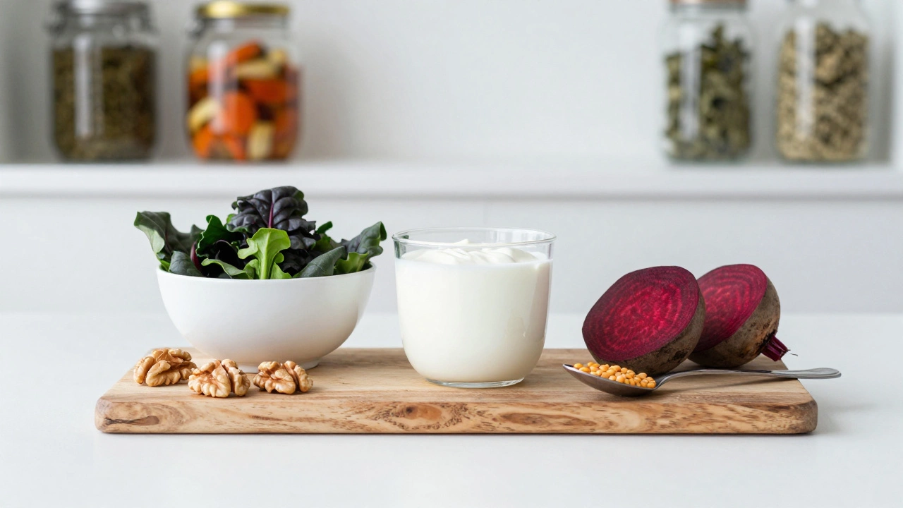 Натура-морт: грецкие орехи, листовая зелень, свёкла, кефир и чечевица на деревянной доске, фон — банки с ферментированными продуктами.