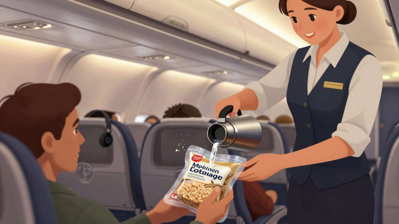 Пассажир готовит овсянку кипятком из термоса в самолете, стюардесса подает чайник.