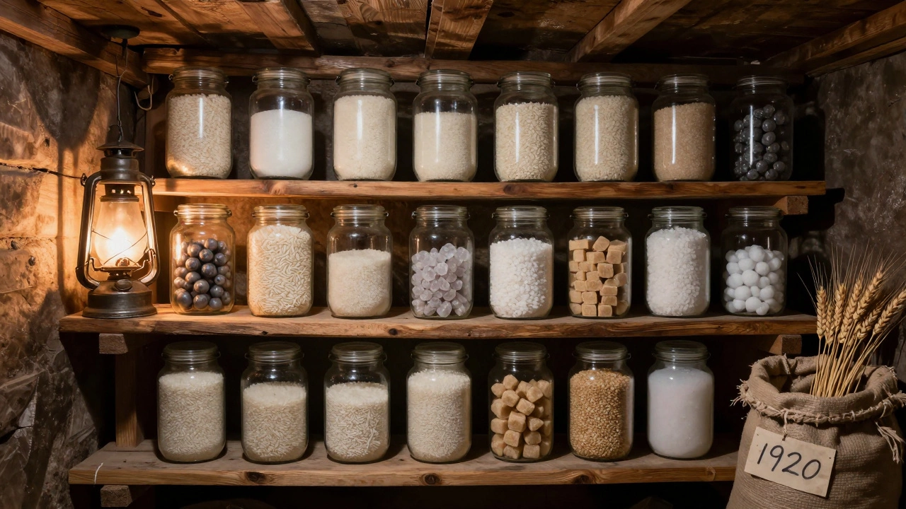Подвал с герметичными стеклянными банками с рисом, солью и сахаром, хранящимися десятилетиями.