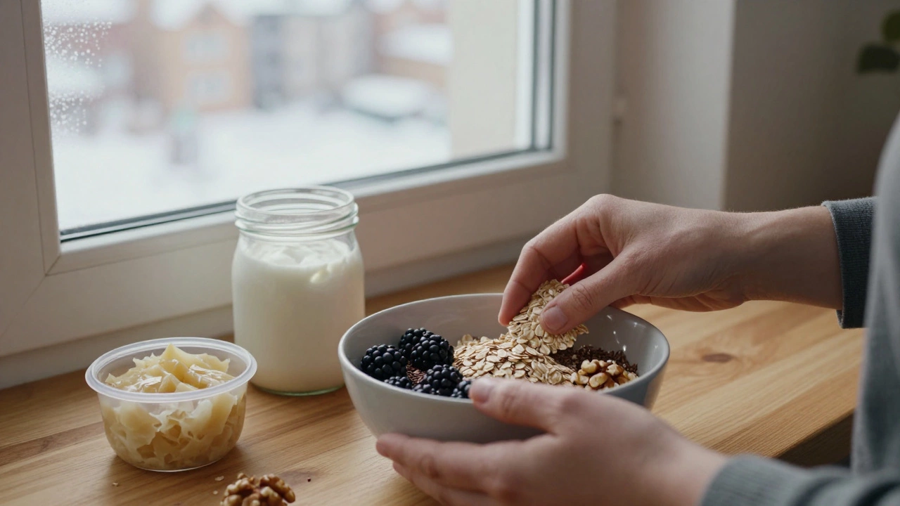 Руки готовят овсянку с льняным семенем, грецкими орехами и черникой, рядом — кефир и квашеная капуста на деревянной стойке.