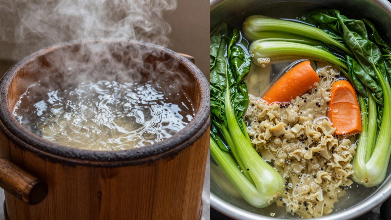 Сравнение паровой и водяной варки овощей: слева — свежие и сочные, справа — разваренные и тусклые.