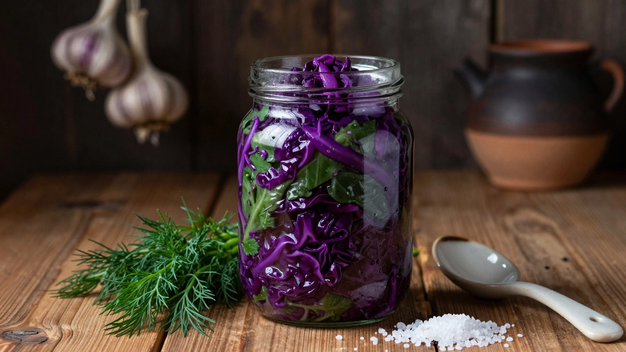 Стеклянная банка с квашеной капустой и укропом на кухонной стойке