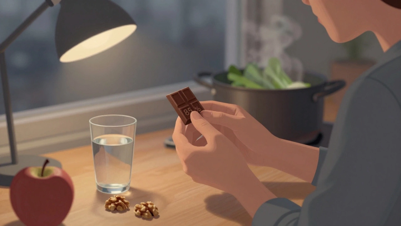 Темный шоколад и стакан воды на рабочем столе с орехами и яблоком в зимнем свете.