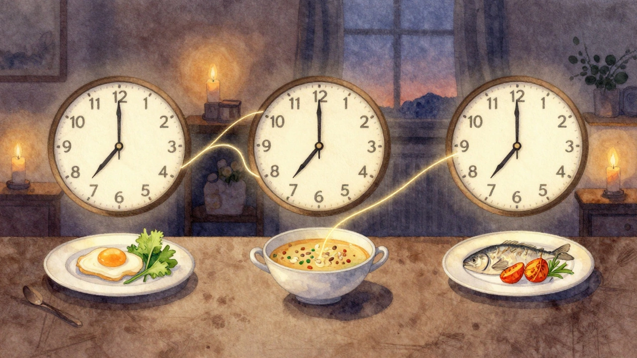 Три символических приема пищи соединены золотой нитью, представляя регулярность питания.