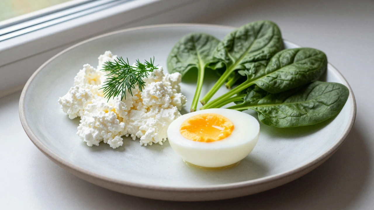 Вареное яйцо, творог и шпинат на керамической тарелке