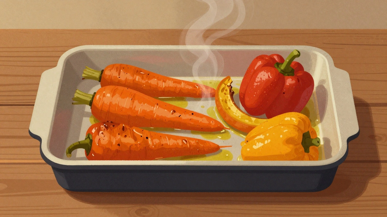 Запечённые овощи в духовке: морковь, перец и кабачки с оливковым маслом, тёплый свет и деревянный стол.