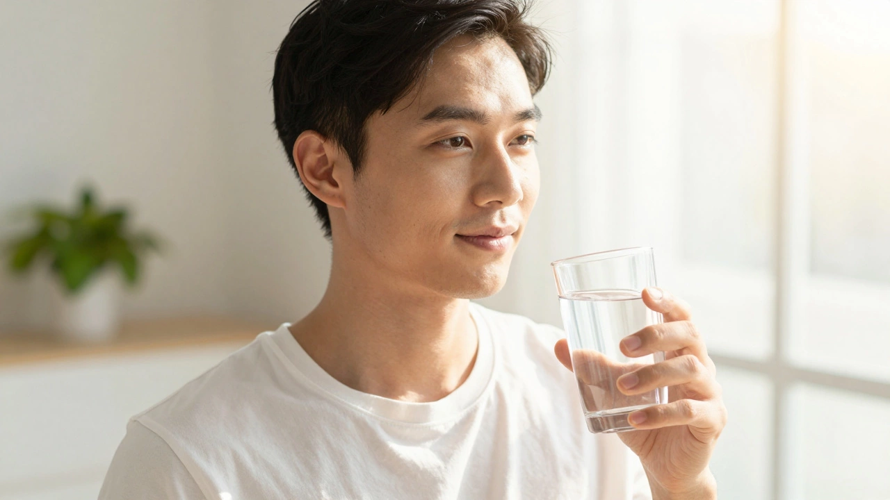 Бодрый человек пьет воду у ярко освещенного окна