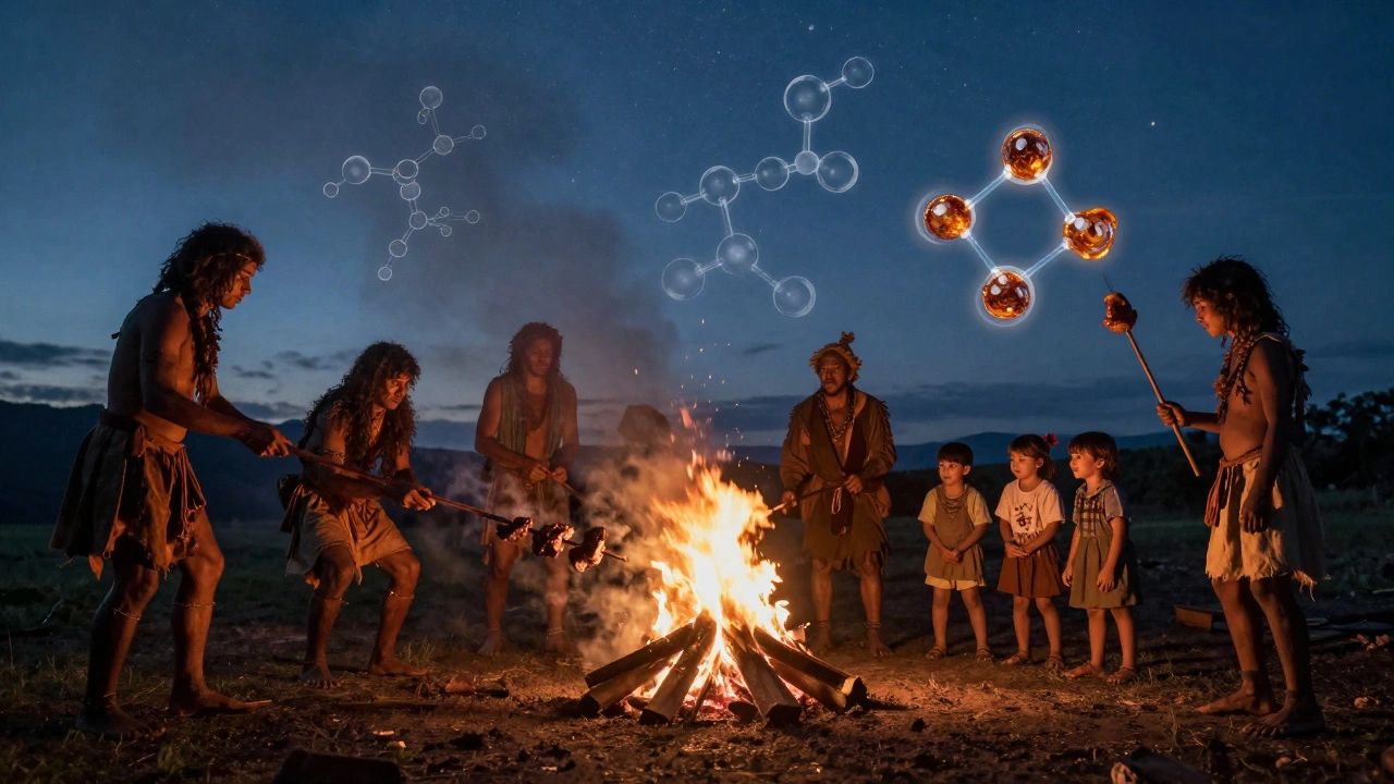 Древние люди готовят мясо у костра, в небе — скрытые химические реакции приготовления пищи.