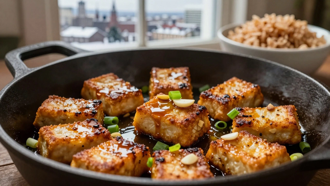 Хрустящий темпе, обжаренный с чесноком и имбирем, подается с рисом на кухонной доске.