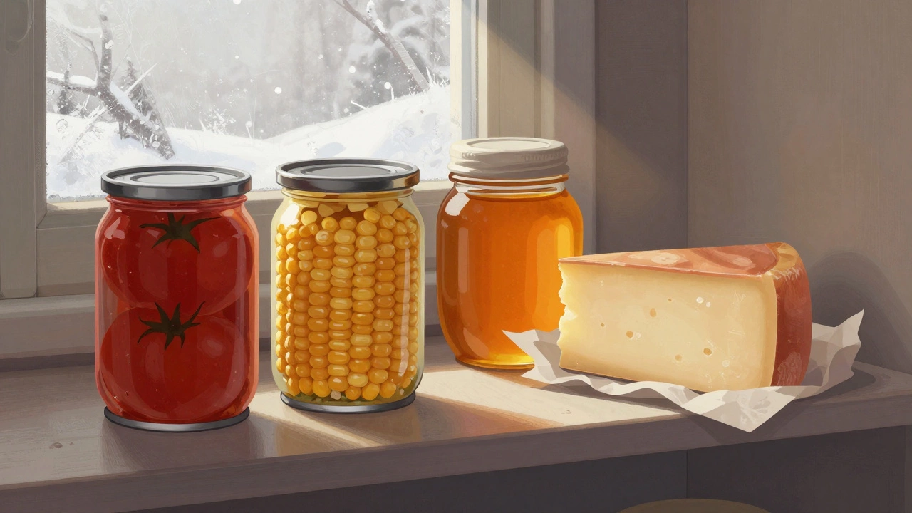 Консервы и сыр на полке, завернутый в пергамент, свет падает через морозное окно.