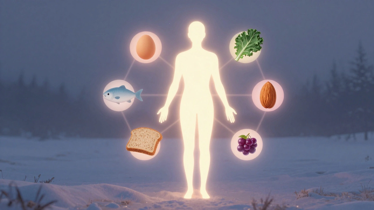 Контур человека с плавающими символами продуктов, обозначающими витамины, в зимнем туманном пейзаже.