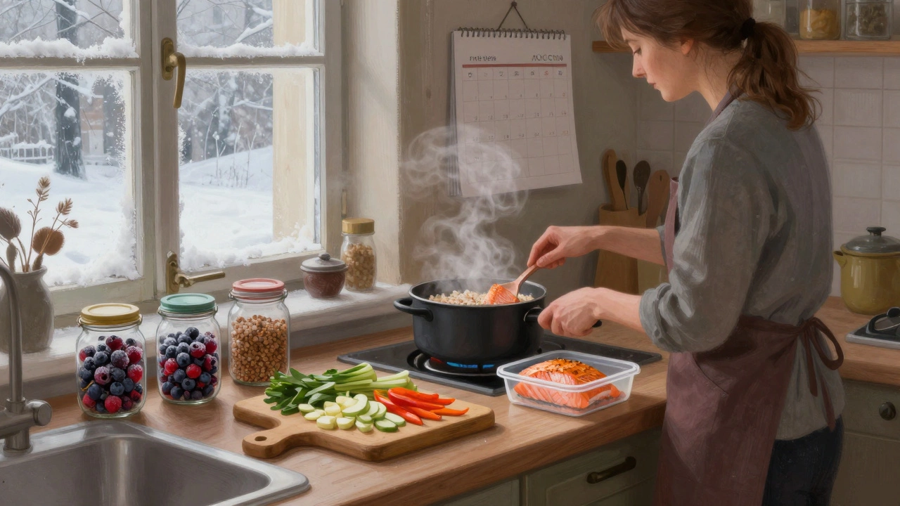 Кухня в Санкт-Петербурге зимой: женщина готовит еду на неделю с замороженными ягодами и запеченной рыбой.