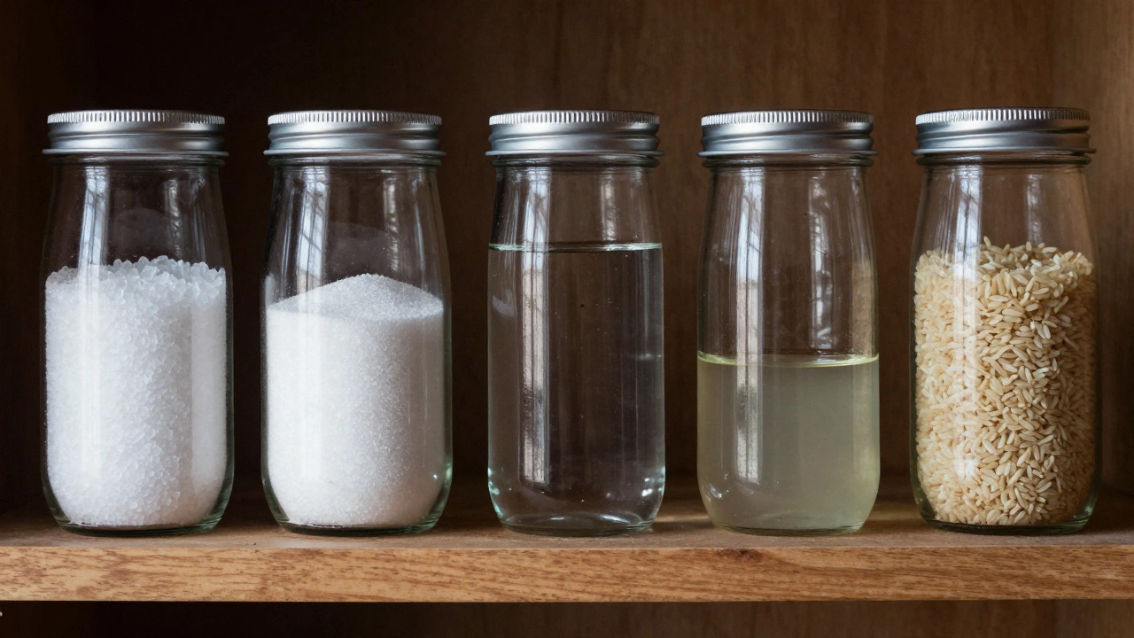 Пять герметичных стеклянных банок с вечными продуктами: солью, сахаром, спиртом, маслом и рисом.
